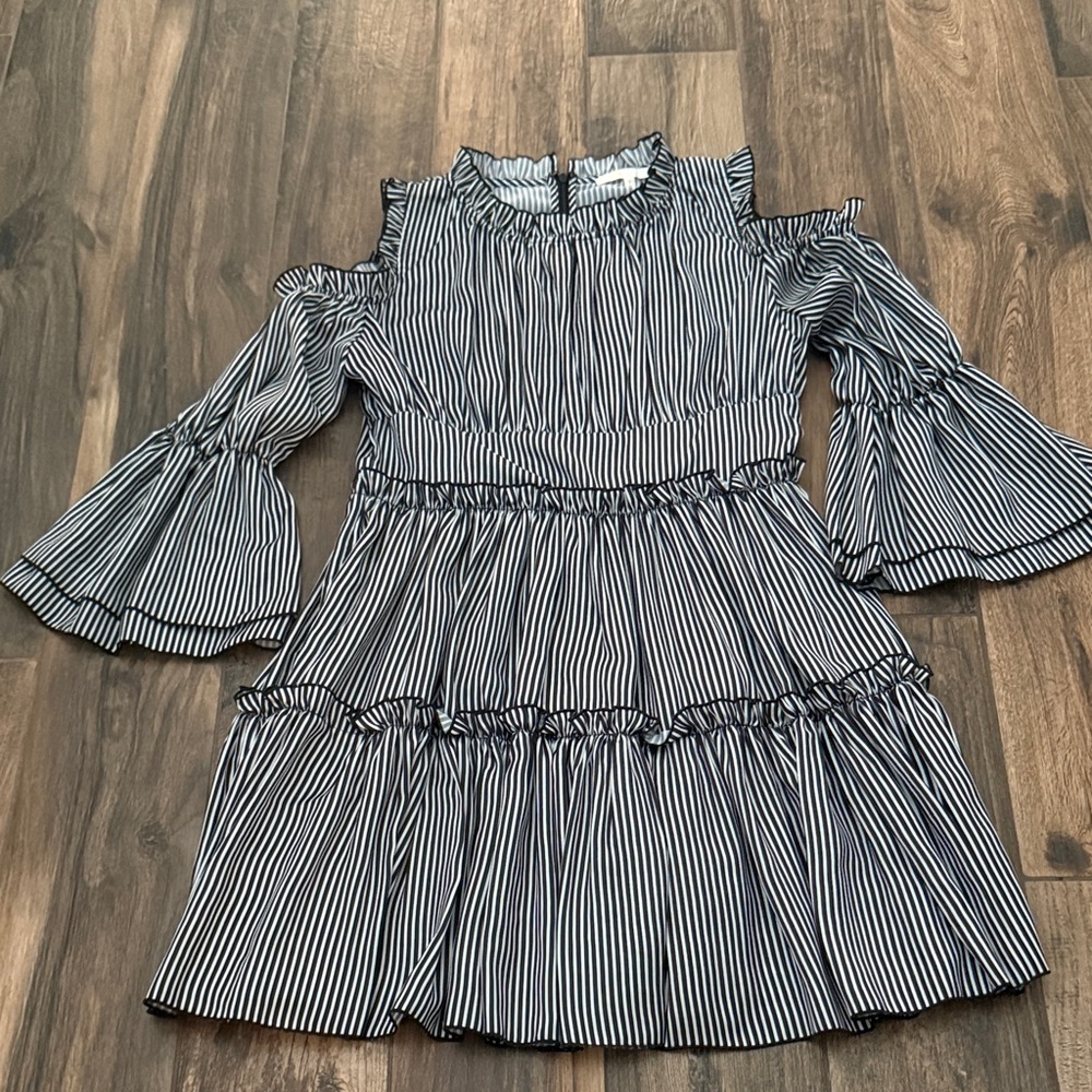 Maje Black and White Striped ruffle shoulder exposed dress